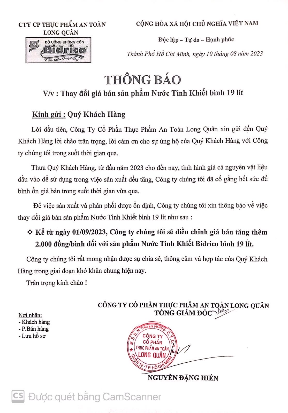 Thông báo tăng giá nước tinh khiết Bidrico bình 19 lít từ ngày 01/09/2023