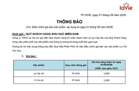 THÔNG BÁO ĐIỀU CHỈNH GIÁ NƯỚC BÌNH LAVIE VÀ VI VA TỪ NGÀY 01/08/2026