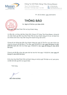 Thông báo lịch nghỉ tết 2019 của nhà máy nước Vĩnh Hảo Vihawa