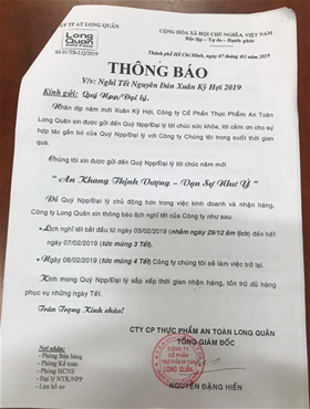 Thông báo lịch nghỉ tết 2019 của nhà máy nước Bidrico